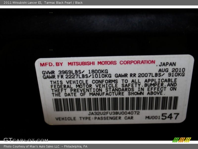 Tarmac Black Pearl / Black 2011 Mitsubishi Lancer ES