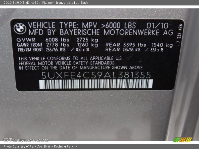 Platinum Bronze Metallic / Black 2010 BMW X5 xDrive30i