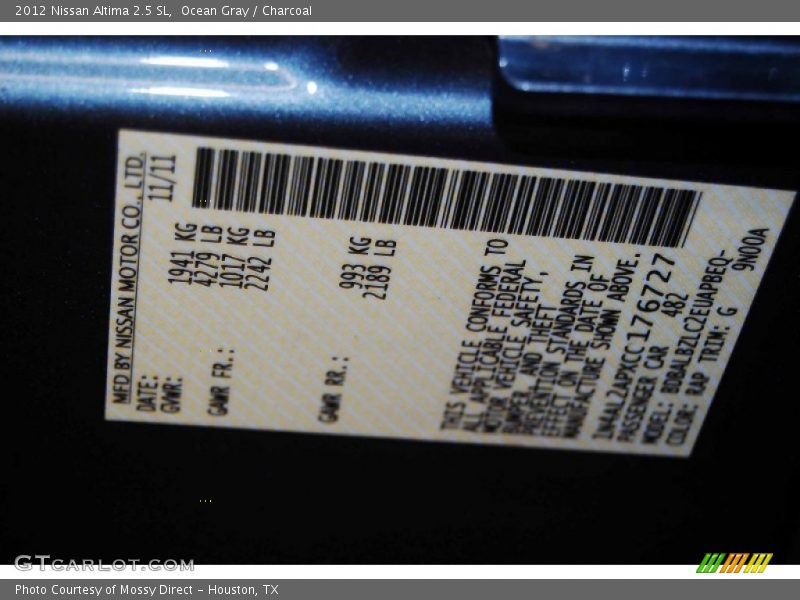 Ocean Gray / Charcoal 2012 Nissan Altima 2.5 SL