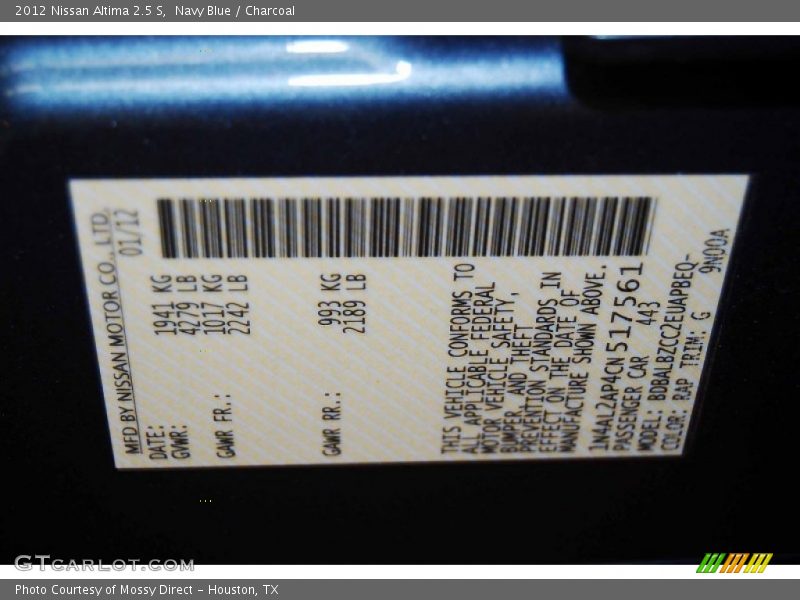 Navy Blue / Charcoal 2012 Nissan Altima 2.5 S