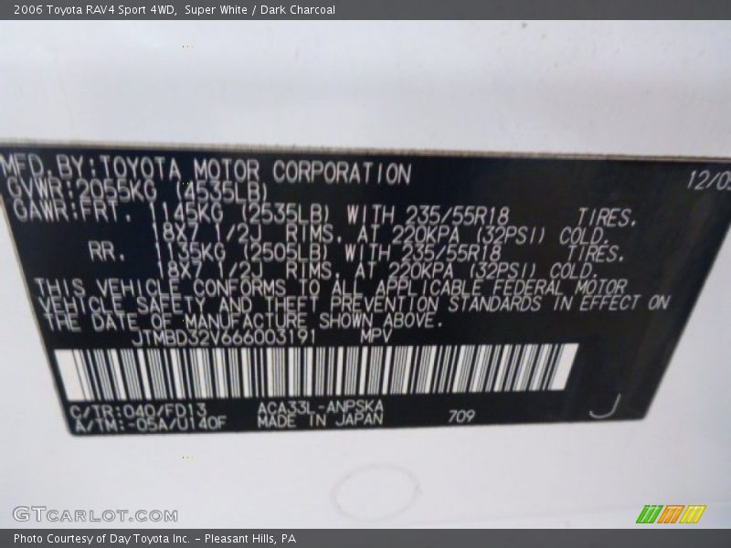2006 RAV4 Sport 4WD Super White Color Code 040
