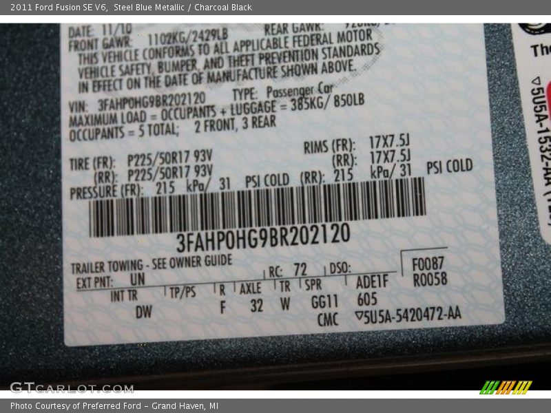 2011 Fusion SE V6 Steel Blue Metallic Color Code UN