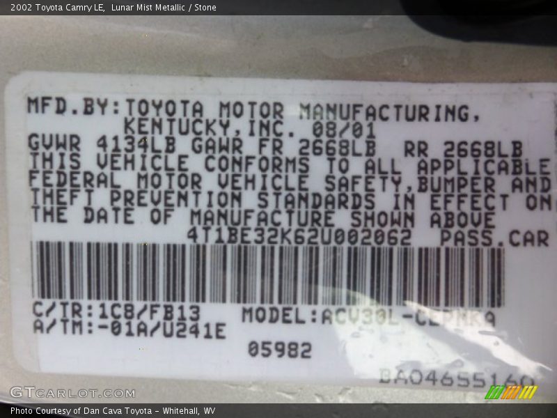 2002 Camry LE Lunar Mist Metallic Color Code 1C8