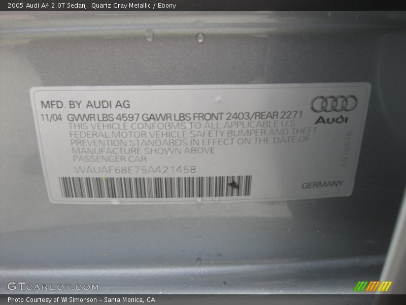 Quartz Gray Metallic / Ebony 2005 Audi A4 2.0T Sedan