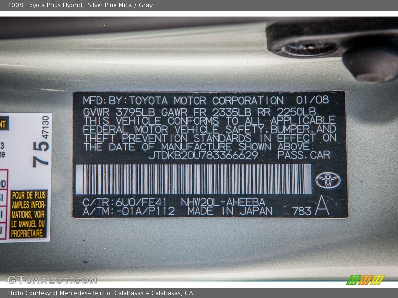 2008 Prius Hybrid Silver Pine Mica Color Code 6U0