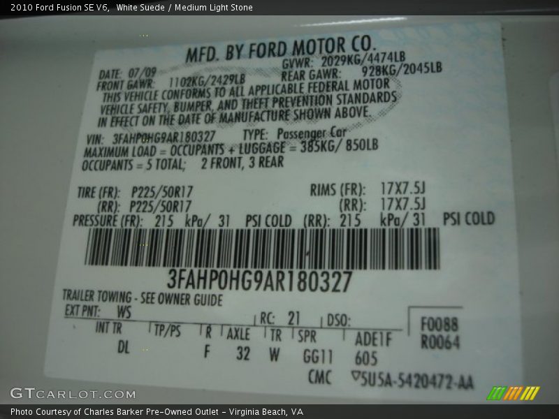 White Suede / Medium Light Stone 2010 Ford Fusion SE V6