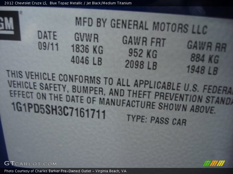 Blue Topaz Metallic / Jet Black/Medium Titanium 2012 Chevrolet Cruze LS