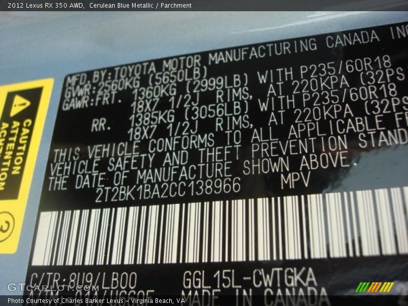 Cerulean Blue Metallic / Parchment 2012 Lexus RX 350 AWD