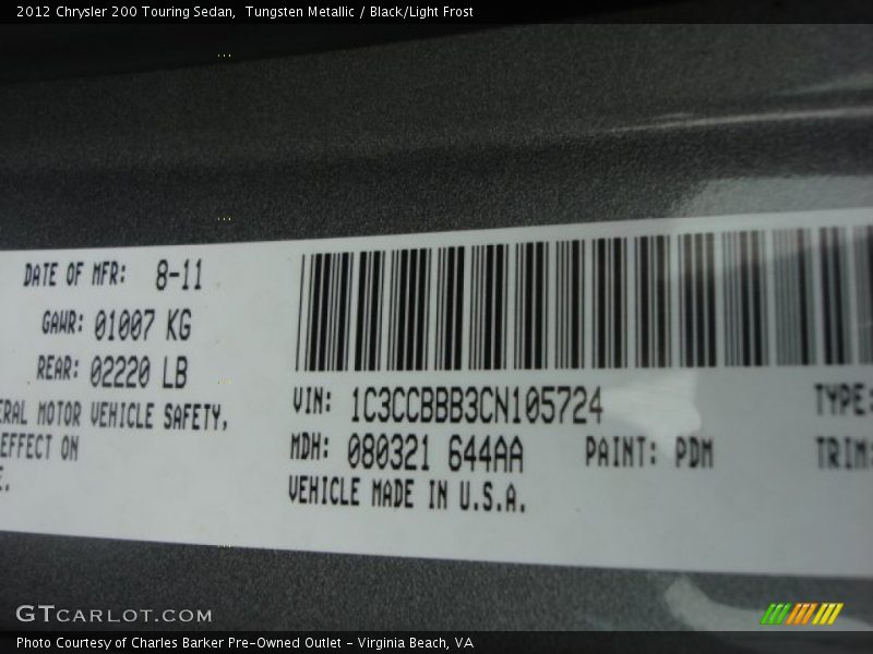 Tungsten Metallic / Black/Light Frost 2012 Chrysler 200 Touring Sedan