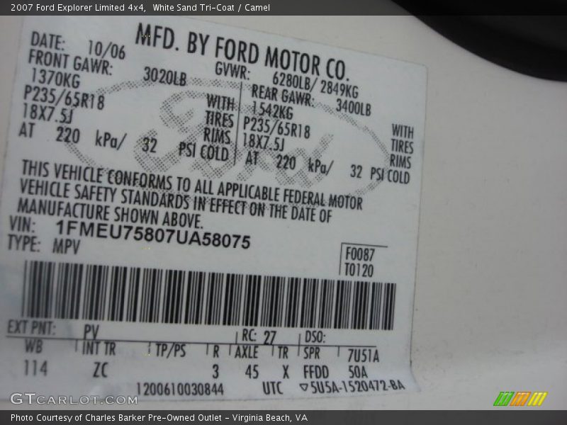 2007 Explorer Limited 4x4 White Sand Tri-Coat Color Code PV