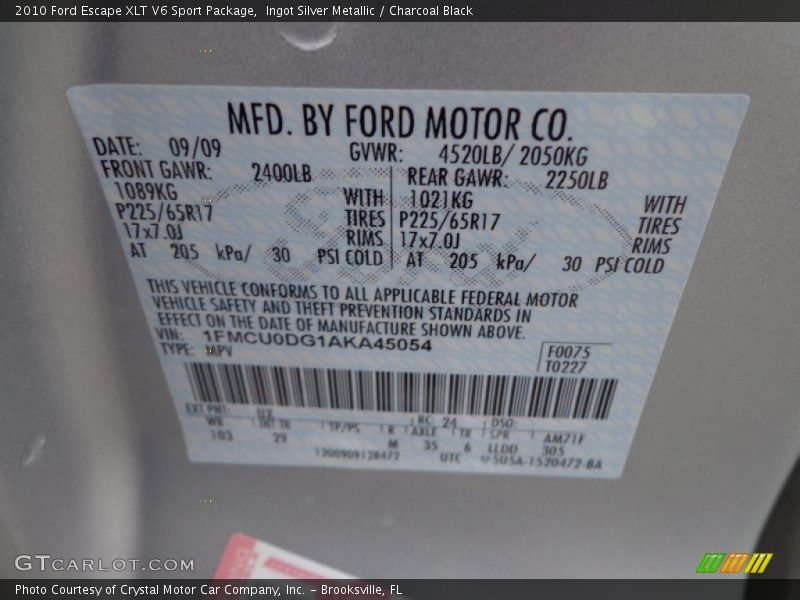 2010 Escape XLT V6 Sport Package Ingot Silver Metallic Color Code UX