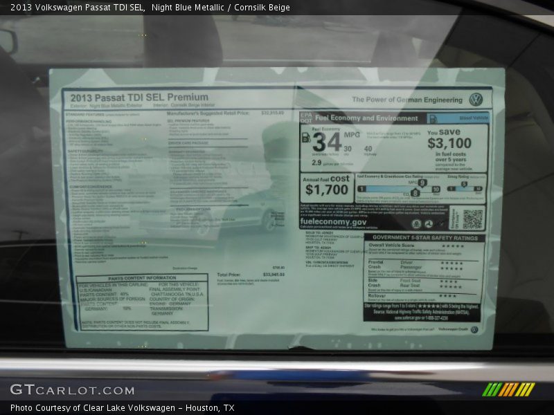  2013 Passat TDI SEL Window Sticker