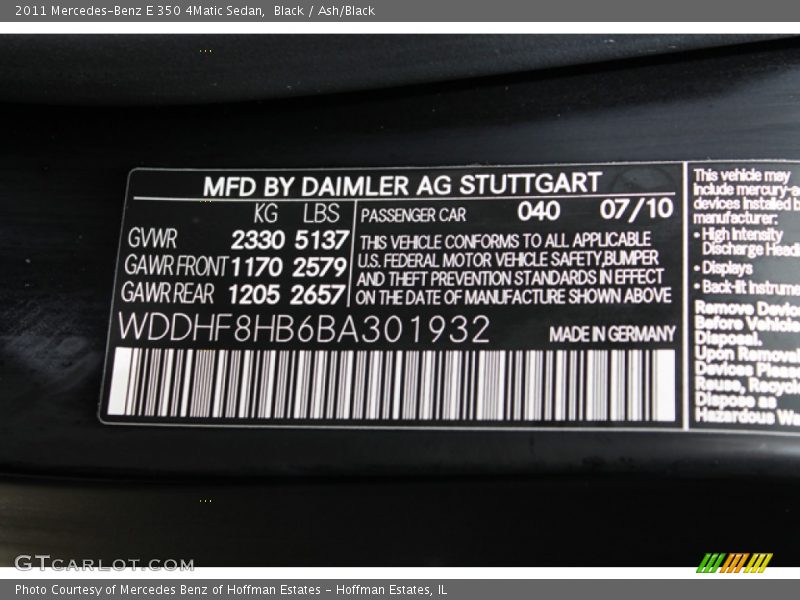 Black / Ash/Black 2011 Mercedes-Benz E 350 4Matic Sedan
