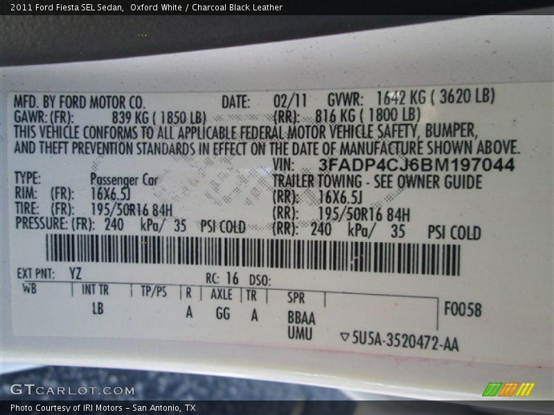 Oxford White / Charcoal Black Leather 2011 Ford Fiesta SEL Sedan