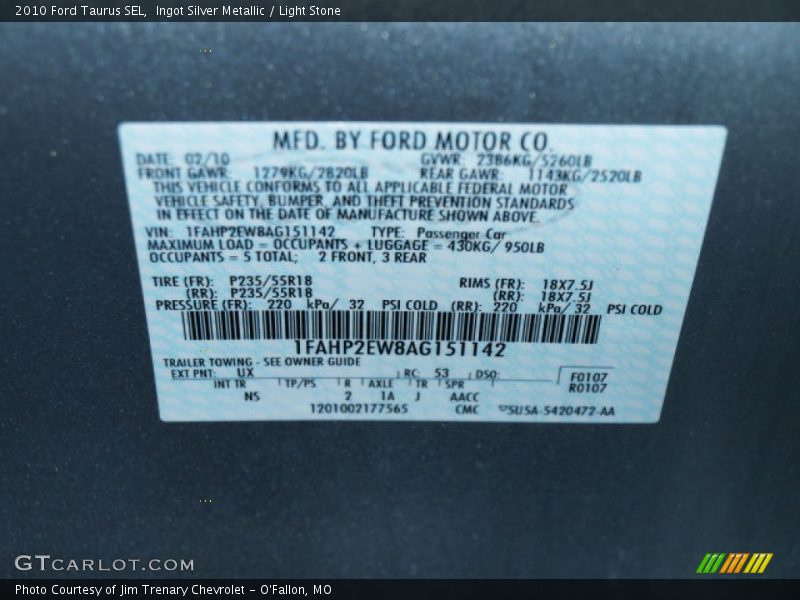 Ingot Silver Metallic / Light Stone 2010 Ford Taurus SEL