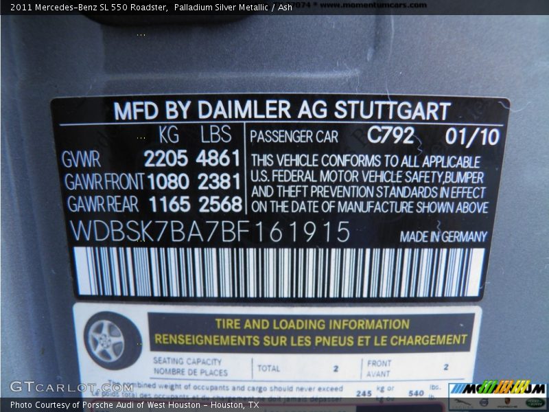 Palladium Silver Metallic / Ash 2011 Mercedes-Benz SL 550 Roadster