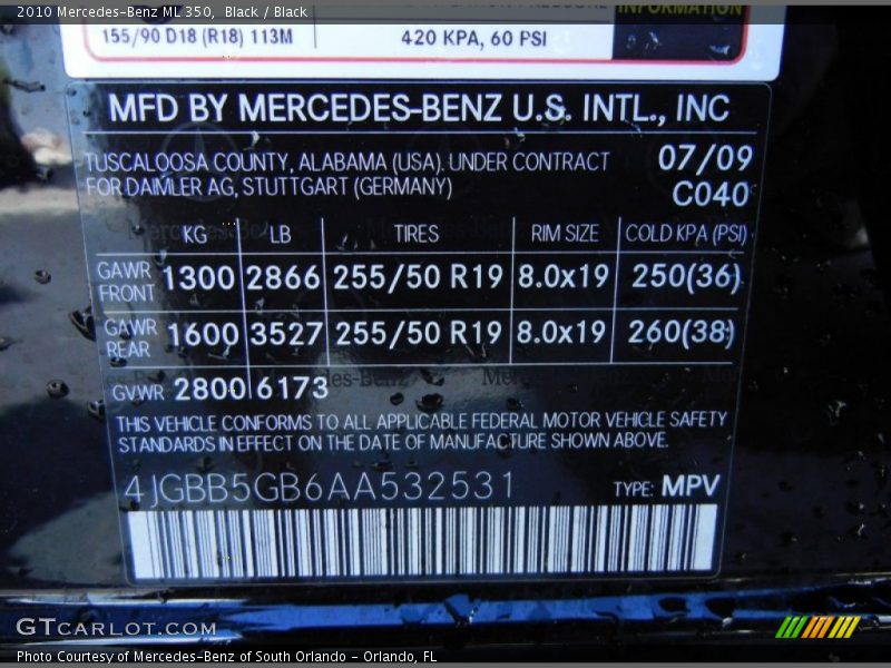 Black / Black 2010 Mercedes-Benz ML 350