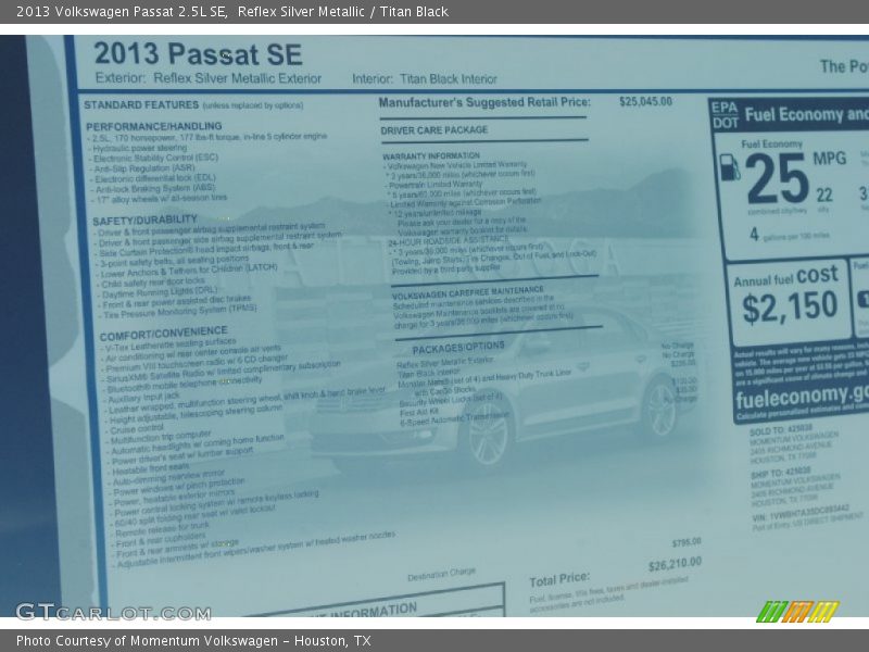 Reflex Silver Metallic / Titan Black 2013 Volkswagen Passat 2.5L SE
