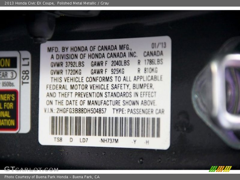 Polished Metal Metallic / Gray 2013 Honda Civic EX Coupe