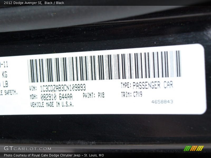 Black / Black 2012 Dodge Avenger SE