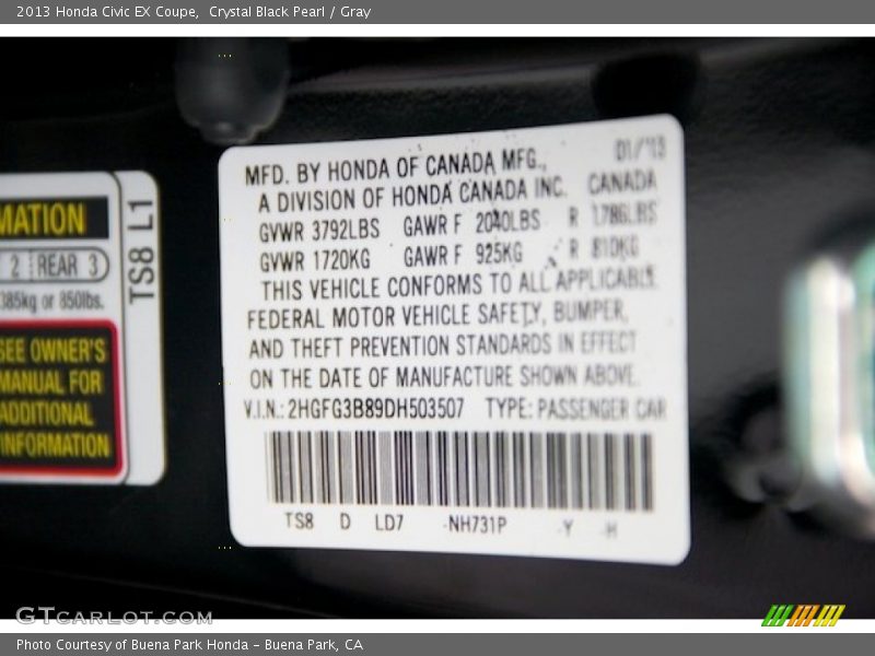 2013 Civic EX Coupe Crystal Black Pearl Color Code NH731P