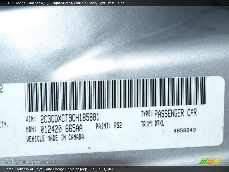 Bright Silver Metallic / Black/Light Frost Beige 2012 Dodge Charger R/T