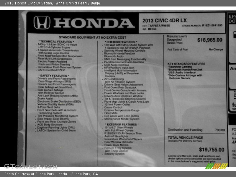 White Orchid Pearl / Beige 2013 Honda Civic LX Sedan
