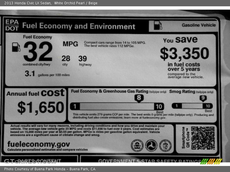 White Orchid Pearl / Beige 2013 Honda Civic LX Sedan