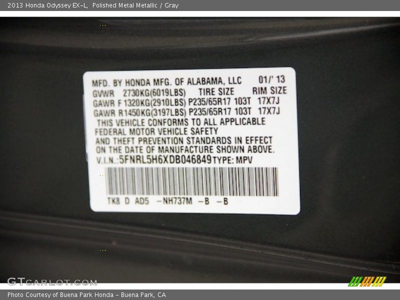 Polished Metal Metallic / Gray 2013 Honda Odyssey EX-L