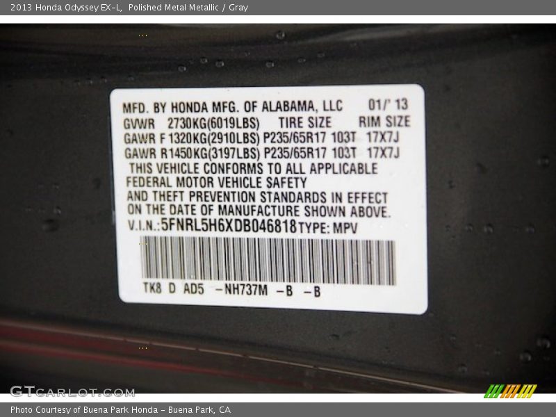 Polished Metal Metallic / Gray 2013 Honda Odyssey EX-L