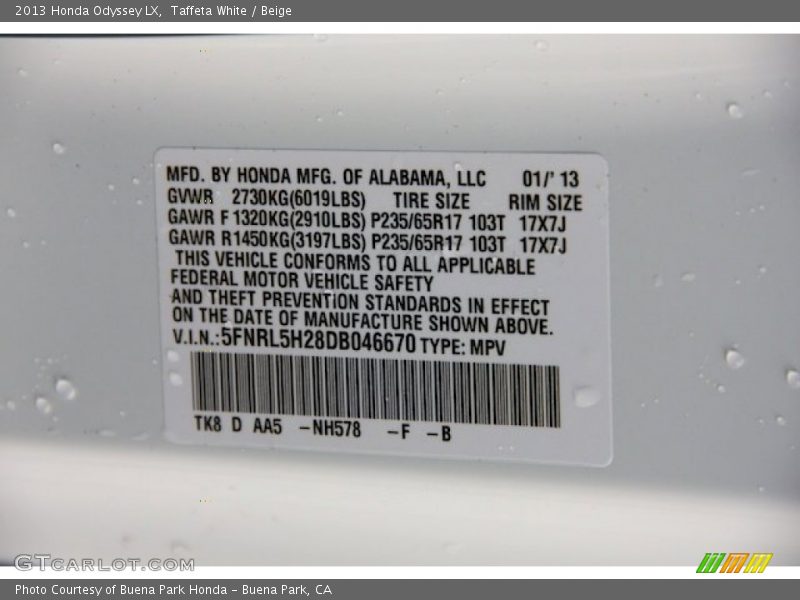 Taffeta White / Beige 2013 Honda Odyssey LX