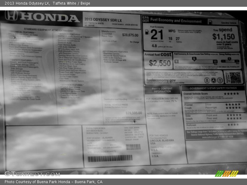 Taffeta White / Beige 2013 Honda Odyssey LX