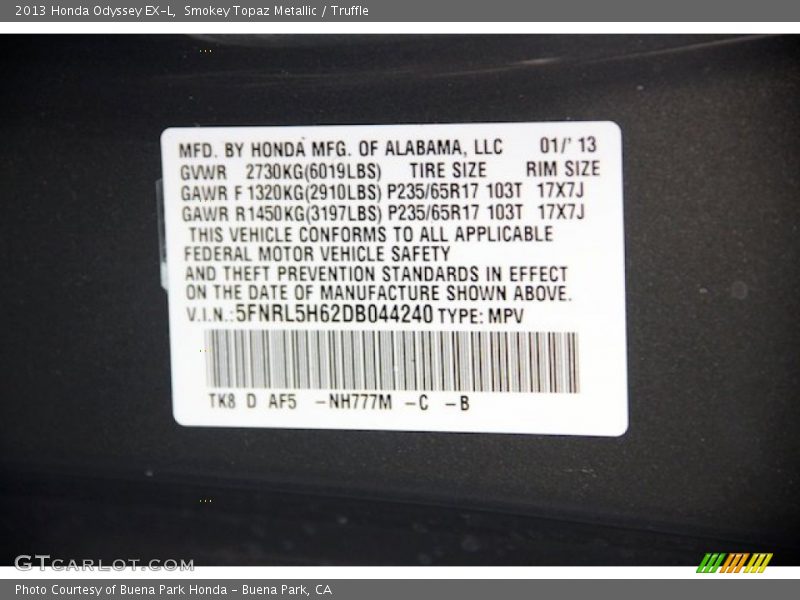 Smokey Topaz Metallic / Truffle 2013 Honda Odyssey EX-L