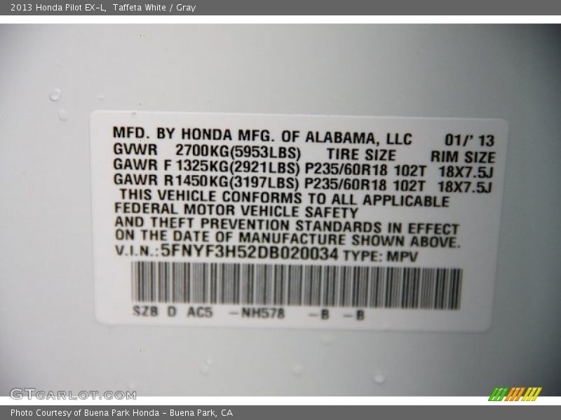 Taffeta White / Gray 2013 Honda Pilot EX-L