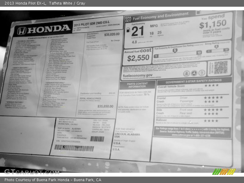 Taffeta White / Gray 2013 Honda Pilot EX-L