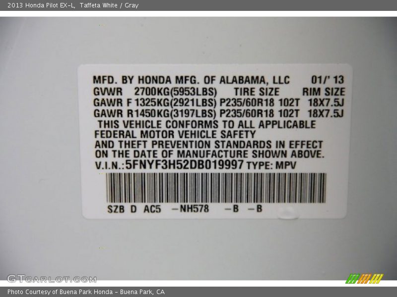 Taffeta White / Gray 2013 Honda Pilot EX-L