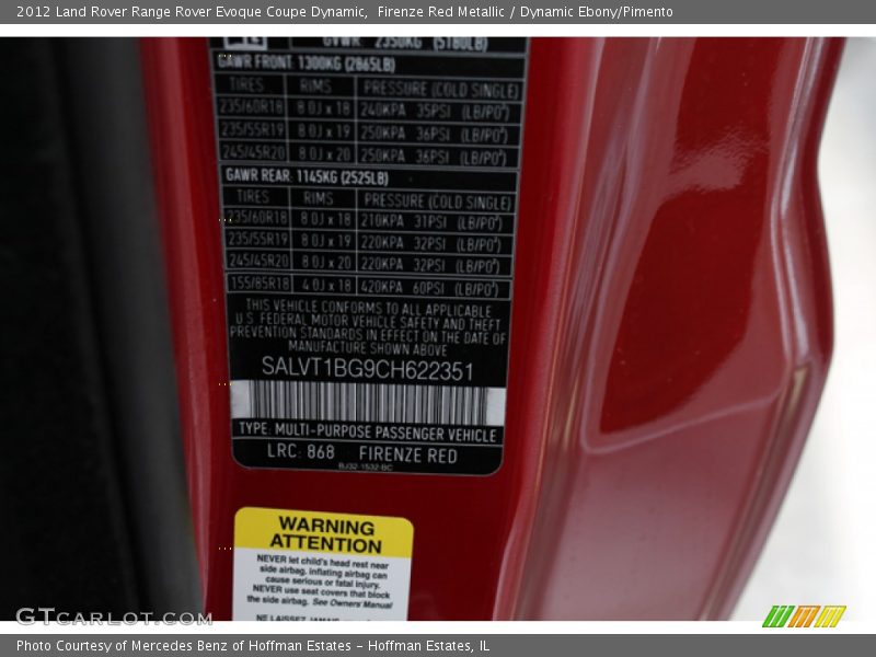 2012 Range Rover Evoque Coupe Dynamic Firenze Red Metallic Color Code 868