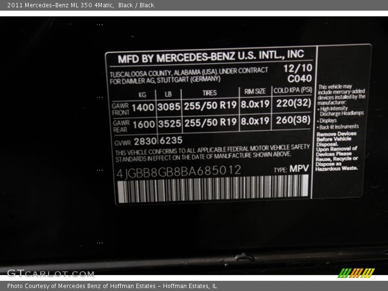 Black / Black 2011 Mercedes-Benz ML 350 4Matic