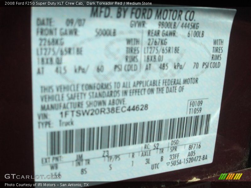 2008 F250 Super Duty XLT Crew Cab Dark Toreador Red Color Code JM