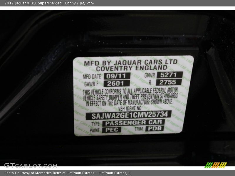 2012 XJ XJL Supercharged Ebony Color Code PEC
