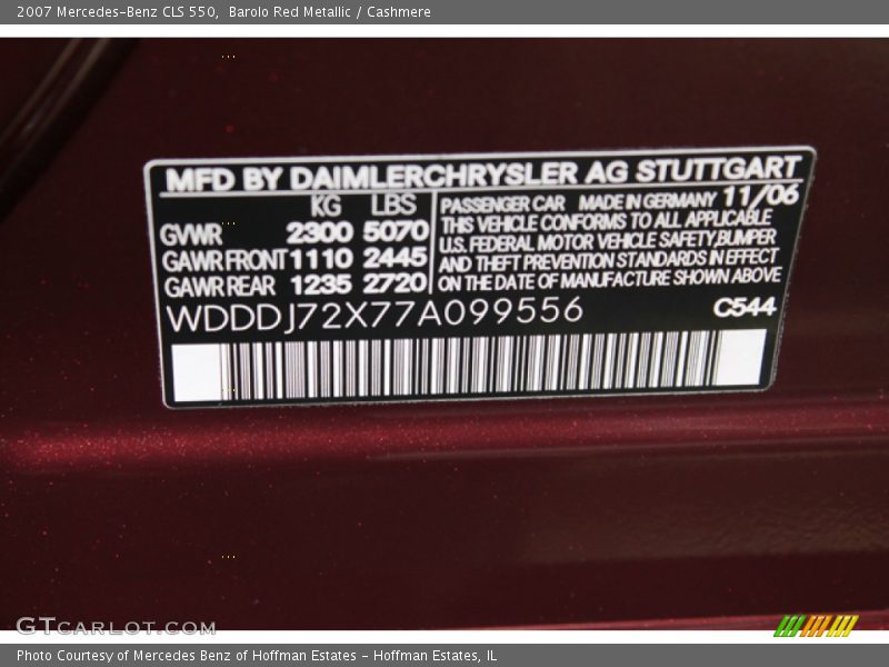2007 CLS 550 Barolo Red Metallic Color Code 544