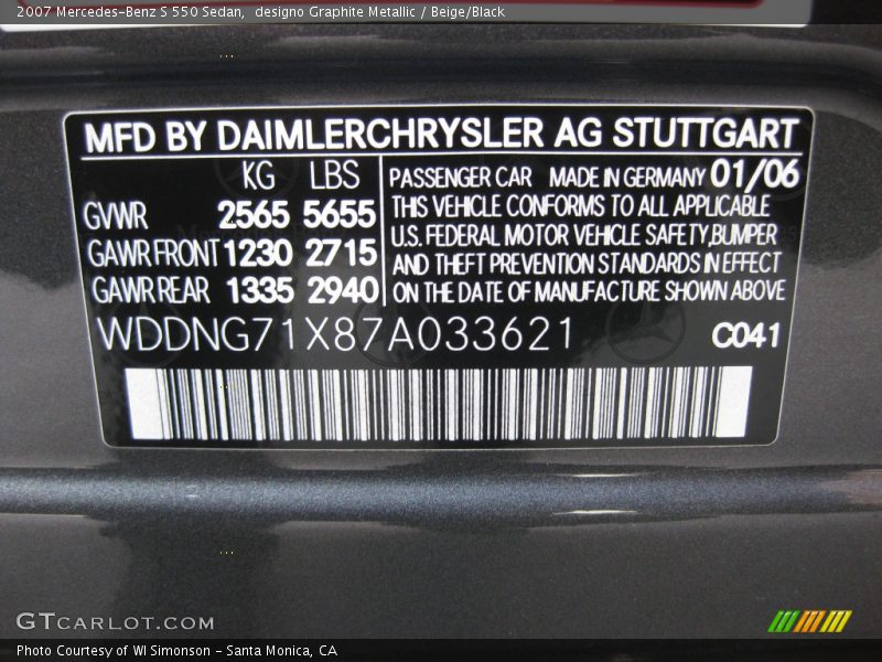 designo Graphite Metallic / Beige/Black 2007 Mercedes-Benz S 550 Sedan