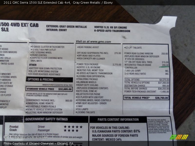  2011 Sierra 1500 SLE Extended Cab 4x4 Window Sticker