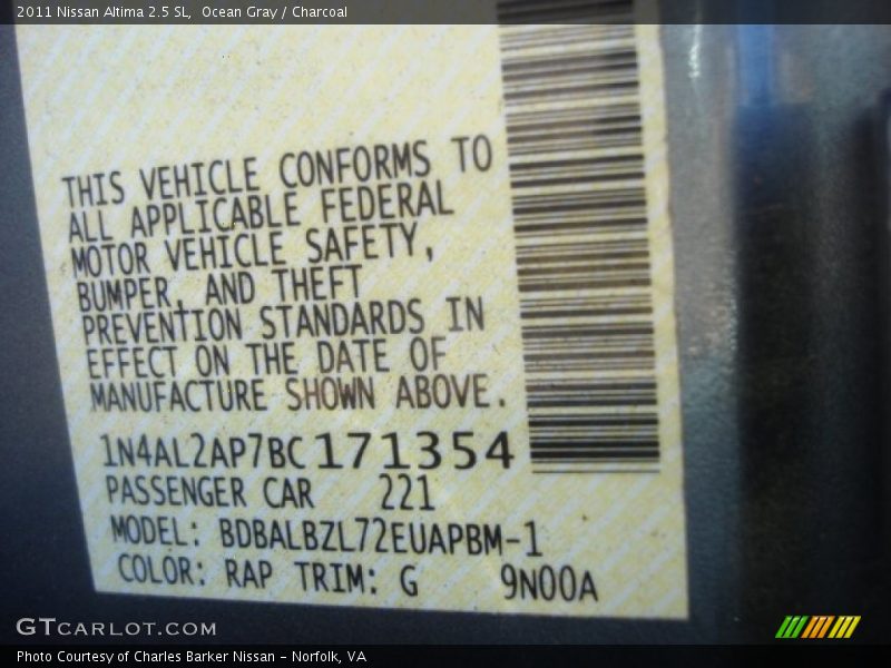 Ocean Gray / Charcoal 2011 Nissan Altima 2.5 SL