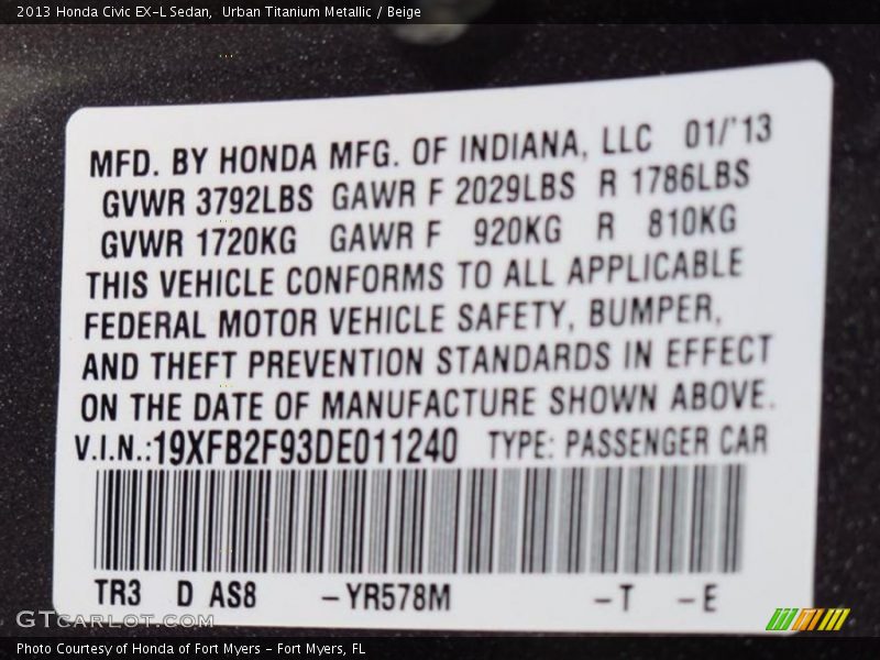 2013 Civic EX-L Sedan Urban Titanium Metallic Color Code YR578M