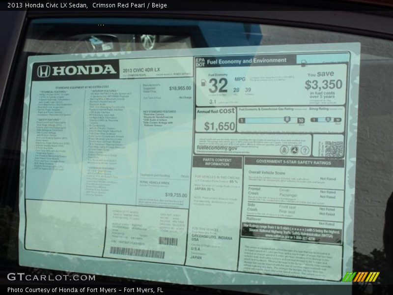 Crimson Red Pearl / Beige 2013 Honda Civic LX Sedan