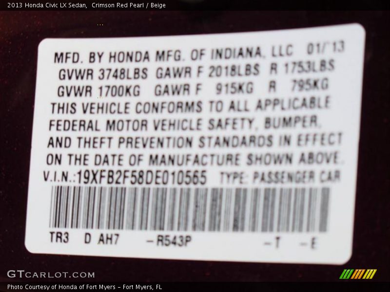 Crimson Red Pearl / Beige 2013 Honda Civic LX Sedan