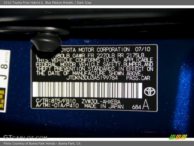 Blue Ribbon Metallic / Dark Gray 2010 Toyota Prius Hybrid II