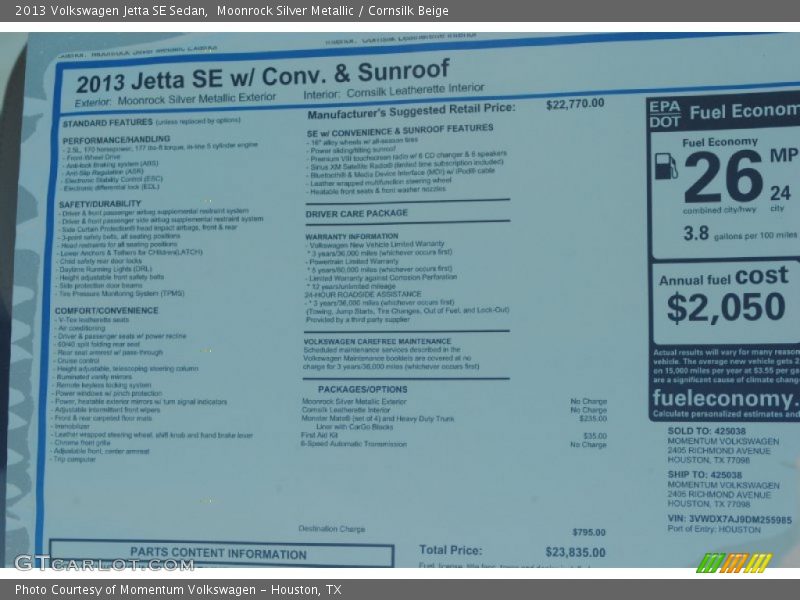 Moonrock Silver Metallic / Cornsilk Beige 2013 Volkswagen Jetta SE Sedan