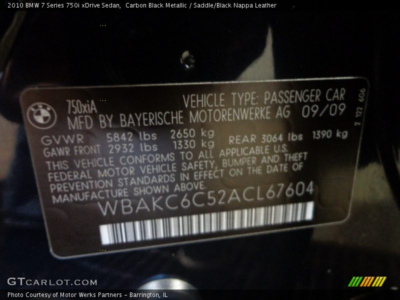 Carbon Black Metallic / Saddle/Black Nappa Leather 2010 BMW 7 Series 750i xDrive Sedan